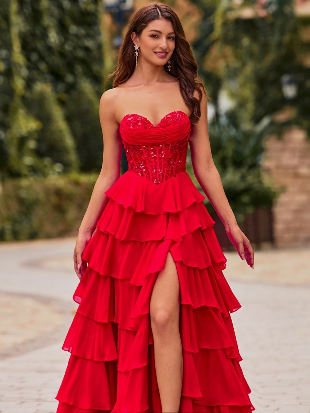 Red Strapless Layered Ruffle Gown -